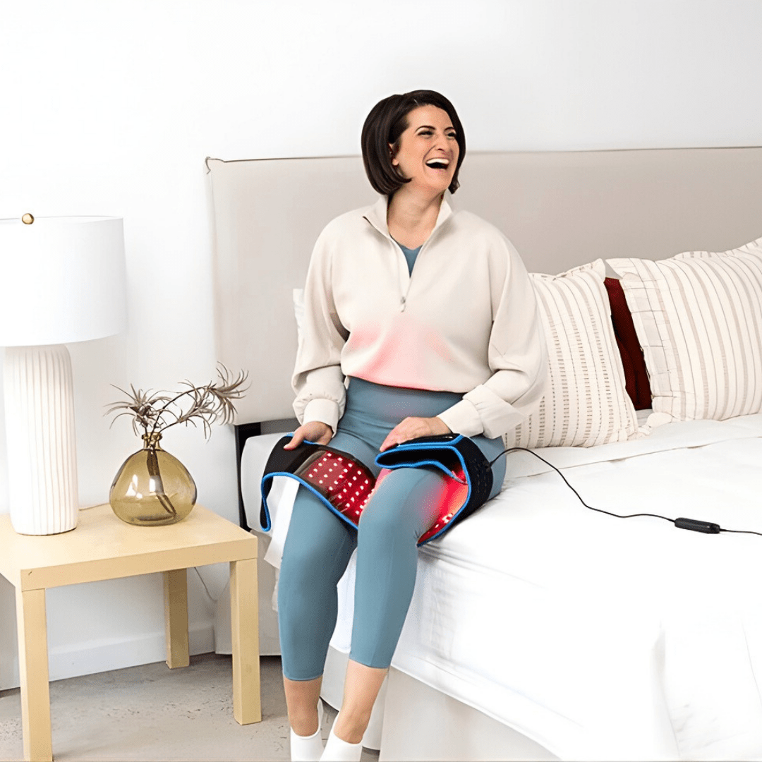 Nő ágy szélén, combon vörös fényterápiás szalag; fájdalomérzet csökkentése és zsírbontás elősegítése.