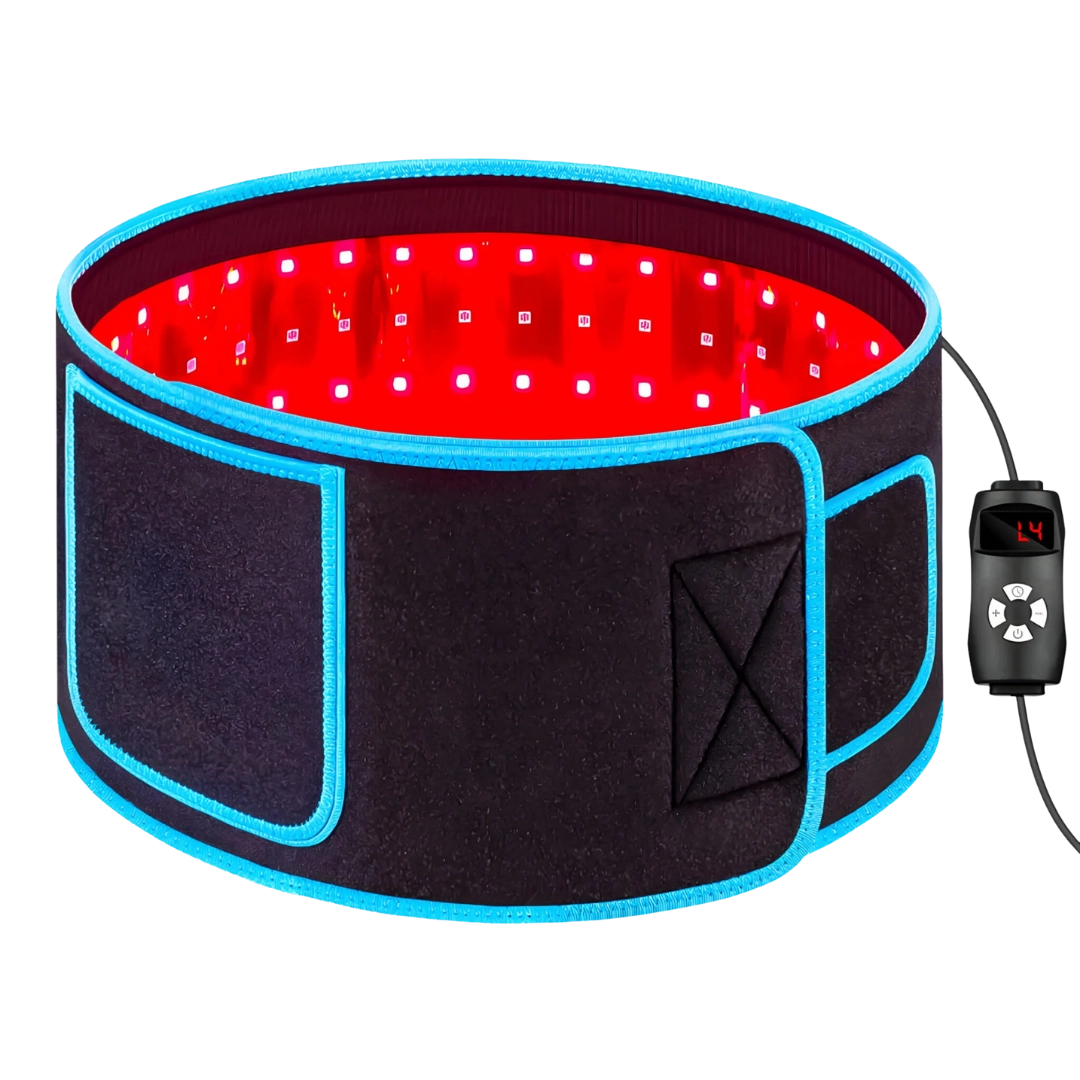 Fényterápiás szalag bekapcsolt vörös LED fényekkel és vezérlőegységgel.
